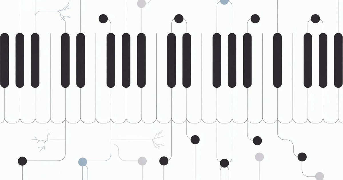 Klaviatur-Illustration mit leuchtenden Netzwerkpunkten – E Major