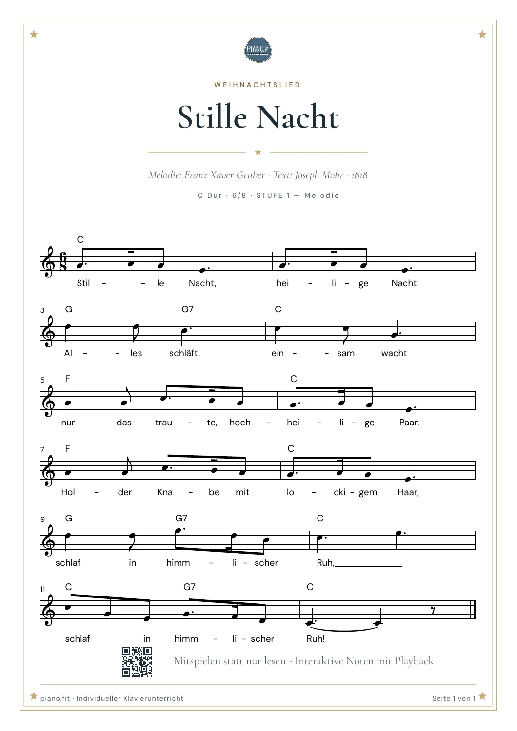Leadsheet von Stille Nacht mit Melodie und Akkordsymbolen